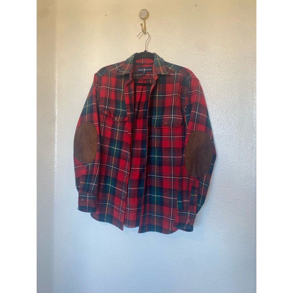 Ralph Lauren 100% wool shirt with leather elbow patches size 8 red plaid